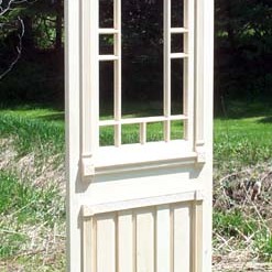 We can create many different designs and match existing architectural details. This door will have multiple colors of glass installed with at least three paint colors when completed