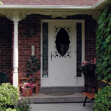 A Victorian screen insert for the combination door gives you two distinct looks for your home.